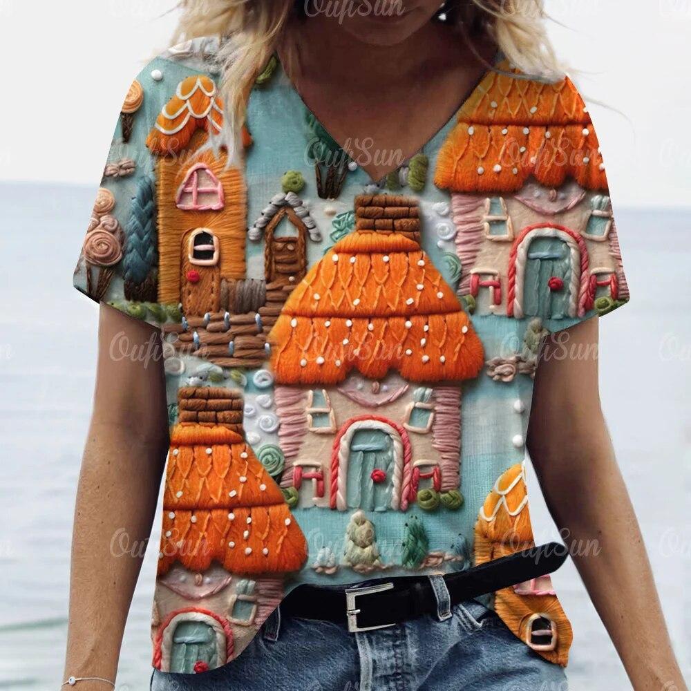 Новая рождественская женская футболка с 3D принтом Санта-Клауса, футболки с короткими рукавами и v-образным вырезом, уличная одежда большого размера, женский пуловер в стиле Харадзюку, топы