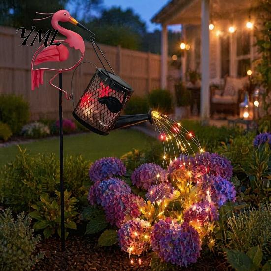 Decorative Flowing Water Effect Lamps Flamingo Garden Statue with Solar Watering Can Lights, Iron Decor for Terrace Path Outdoor Lawn Ornament