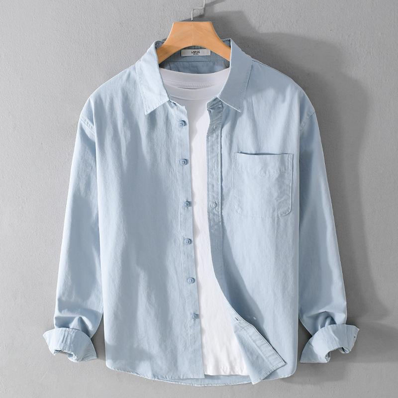 Весна и лето 100% хлопок рубашки с длинным рукавом для мужчин повседневные топы с воротником-лацканом карман однотонные мужские рубашки простой стиль одежды