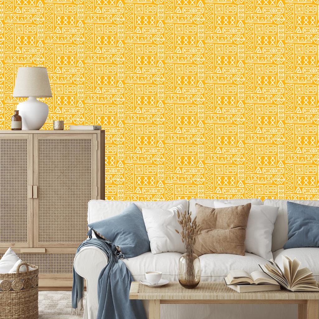 Polynesian Geometric Pattern Wallpaper Gold and Cream 50x1000