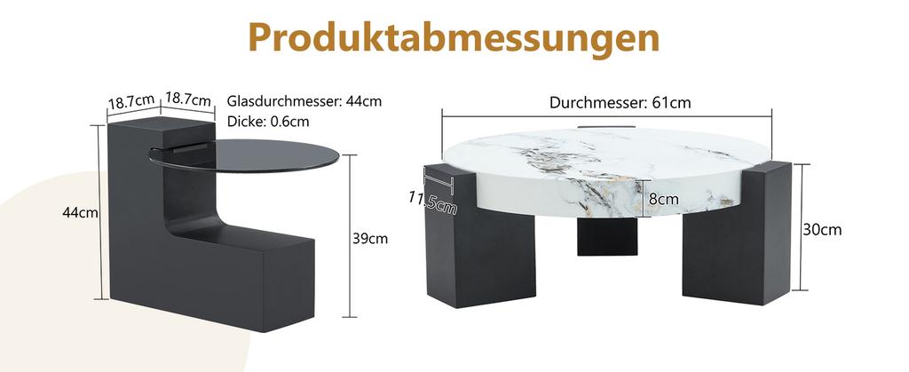 Modern round side table, two levels, grey glass plate, black MDF, L-shape. White marble-look tabletop. Disassemblable design, flexible space use.