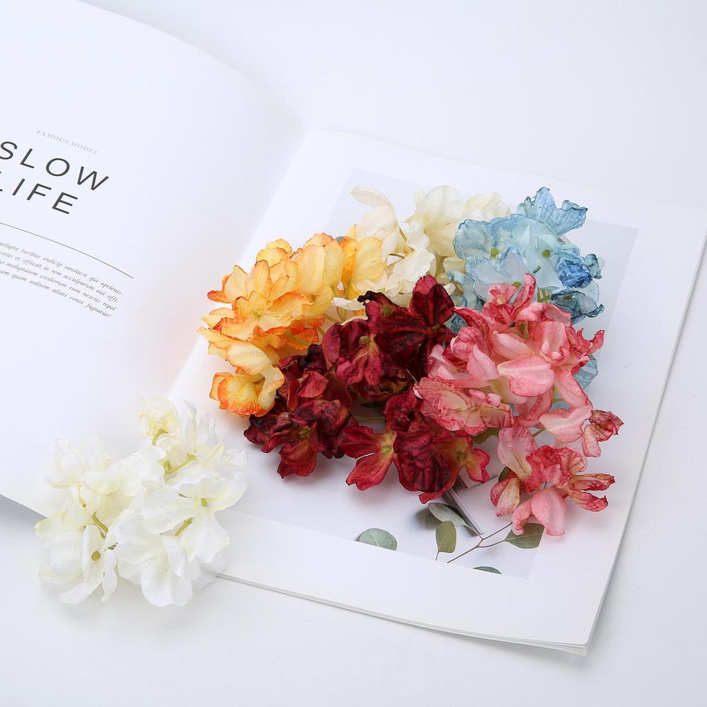 Винтажный головной убор и бутоньерка из шелковых цветов гортензии с обожженными краями для свадеб и домашнего декора