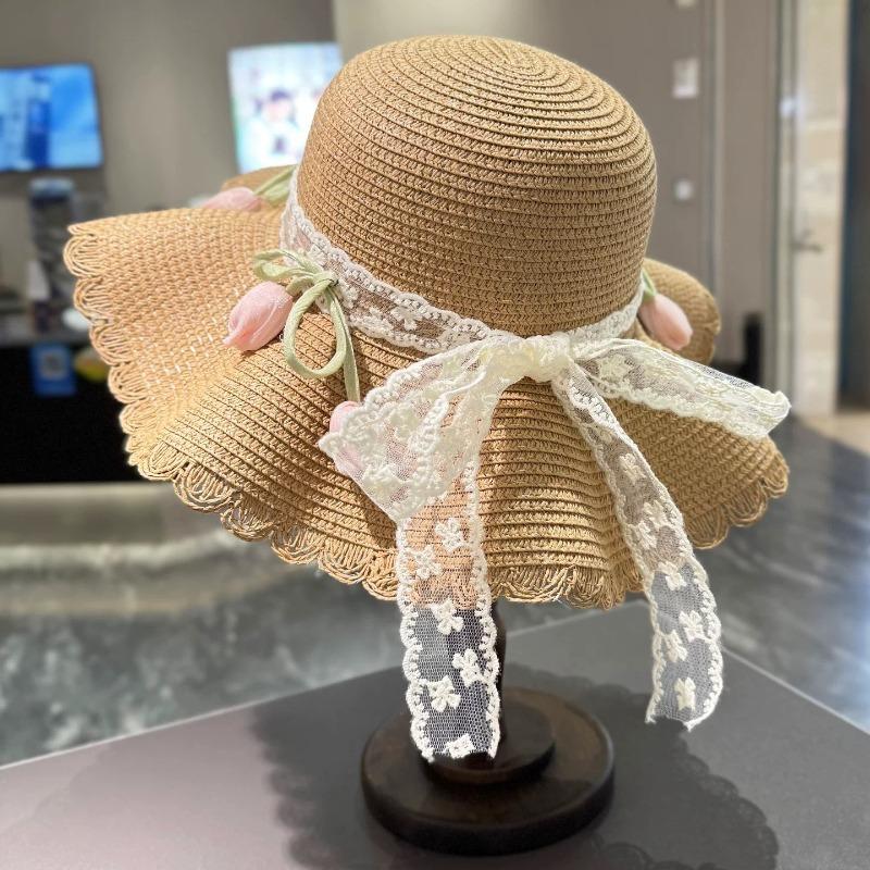 Летняя соломенная шляпа от солнца с кружевом для девочки женская новая летняя соломенная шляпа защита от солнца морской пляж фото