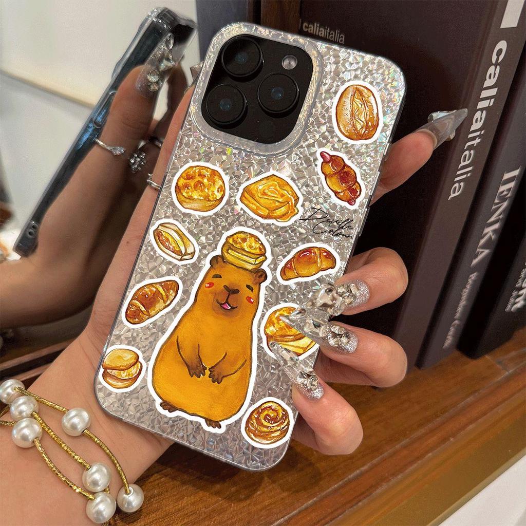 Phone Case for iphone XS Max XR 18 Pro Max 13 15 12 Air 14 16 Plus 17 Pro 11 Capybara & Breads Silver Cracked Texture Shockproof Cover
