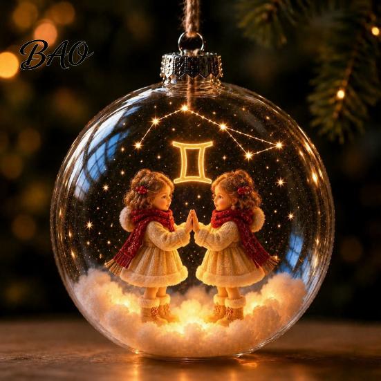 Acrylic Xmas Balls for Party Lighted Zodiac Christmas Ornament, Glowing Sign Ball with Warm LED, Durable Garden 3D Clear Hanging Pendant Tree Mantel,