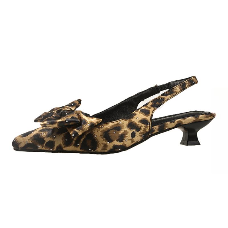 Fashion Leopard Women Sandals Bow Pointed Toe High Heels Shoes Bling Slippers Slingback 2025 Summer Dress Sexy Trend Shallow Pumps Mujer