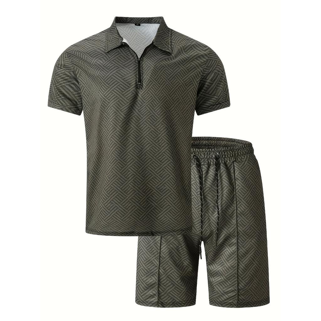 Мужской повседневный костюм с тропическим принтом - черная рубашка с коротким рукавом на молнии и белые шорты с карманами, полиэстер, машинная стирка