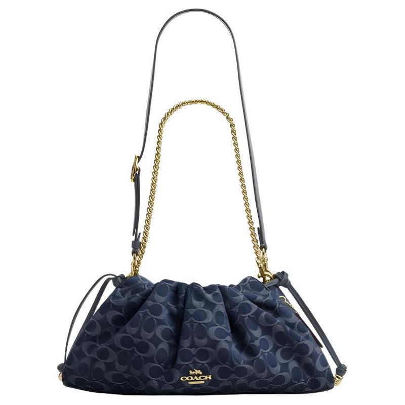 COACH Faye 38 Classic Presbyopia Brand Gold Logo Drawstring Closure Detachable Shoulder Strap Denim Handbag Large Women's Indigo