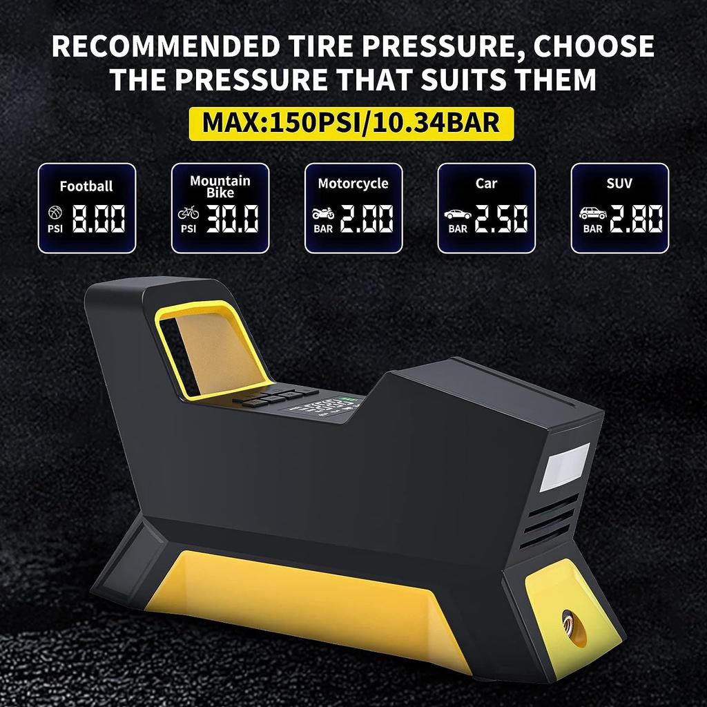 Электрический воздушный насос для автомобиля, воздушный насос 150 PSI, шариковая автомобильная шина, светодиодные зарядные устройства SOS, автоматическая остановка выхода газа