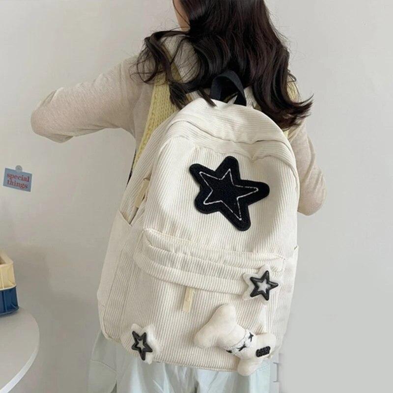 Aesthetic Backpack Stars Pattern Preppy Rucksack College Student Computer Backpack Corduroy Bookbag for Girl CLE