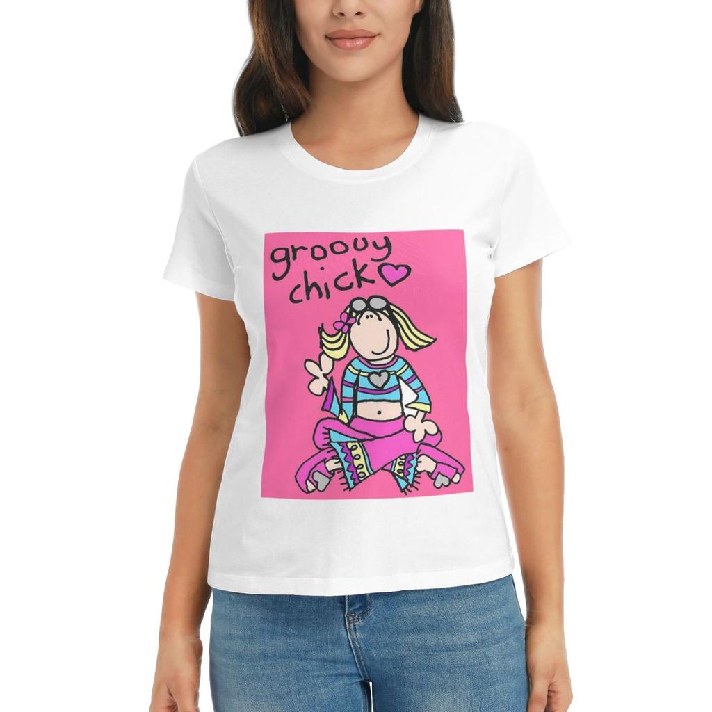 Женская футболка Groovy Chick Girls 2000-х Y2K Винтажная Летняя С коротким рукавом Футболки с круглым вырезом Хлопковые футболки Одежда Топы Уличная одежда