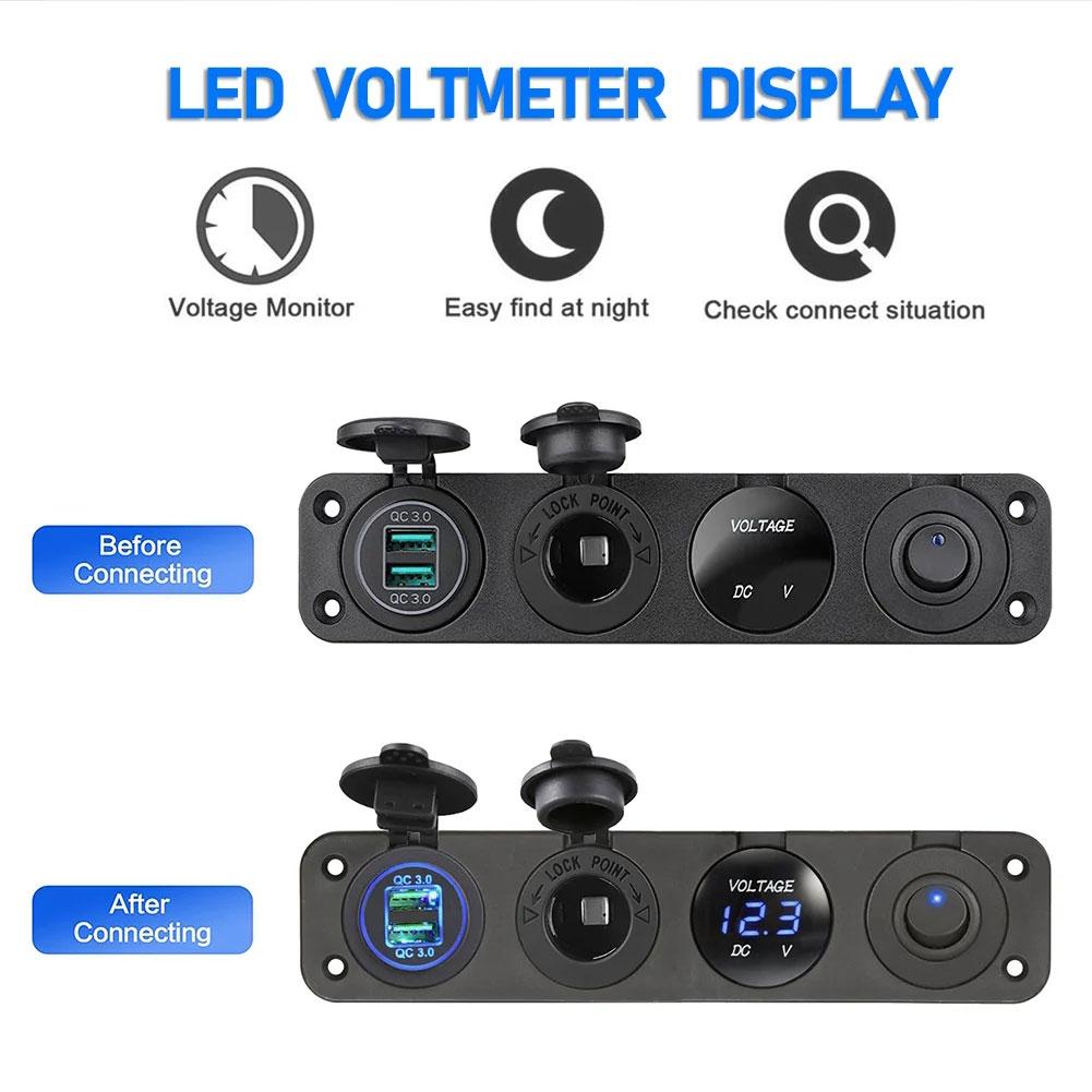Универсальная автомобильная зарядная панель 4 в 1 - QC 3.0 Dual USB розетка 12 В вольтметр гнездо прикуривателя - тумблер-переключатель