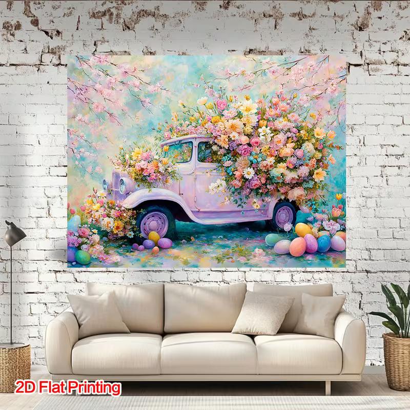 2D Spring Floral Car Backdrop with Colorful Eggs Studio Background