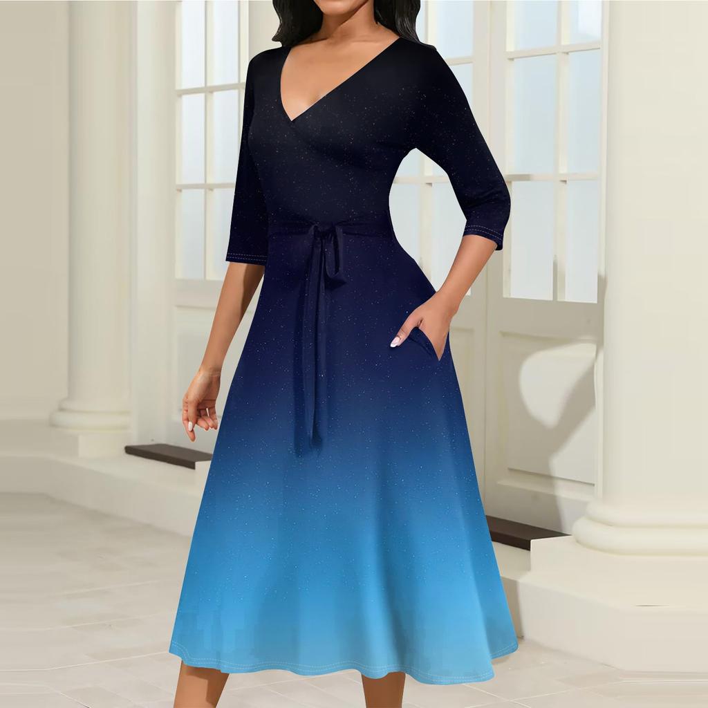 Женское повседневное модное платье миди с V-образным вырезом и рукавом три четверти