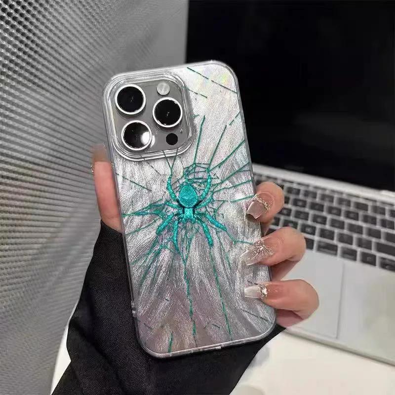 Бирюзовый чехол для телефона с текстурой паутины и пера для серий iPhone 17 16 15 14 13 12 11 16E Pro Max Plus Двойная защита