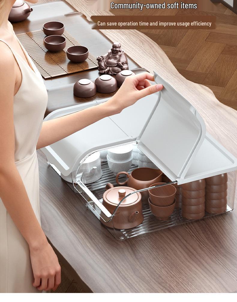 Белая прозрачная коробка для хранения чайного сервиза с крышкой - Пылезащитный, влагозащитный органайзер для кухонной столешницы