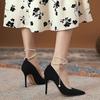 Thin heel temperament socialite pearl buckle belt pointed single shoes 2025 new fairy style black suede high heels women