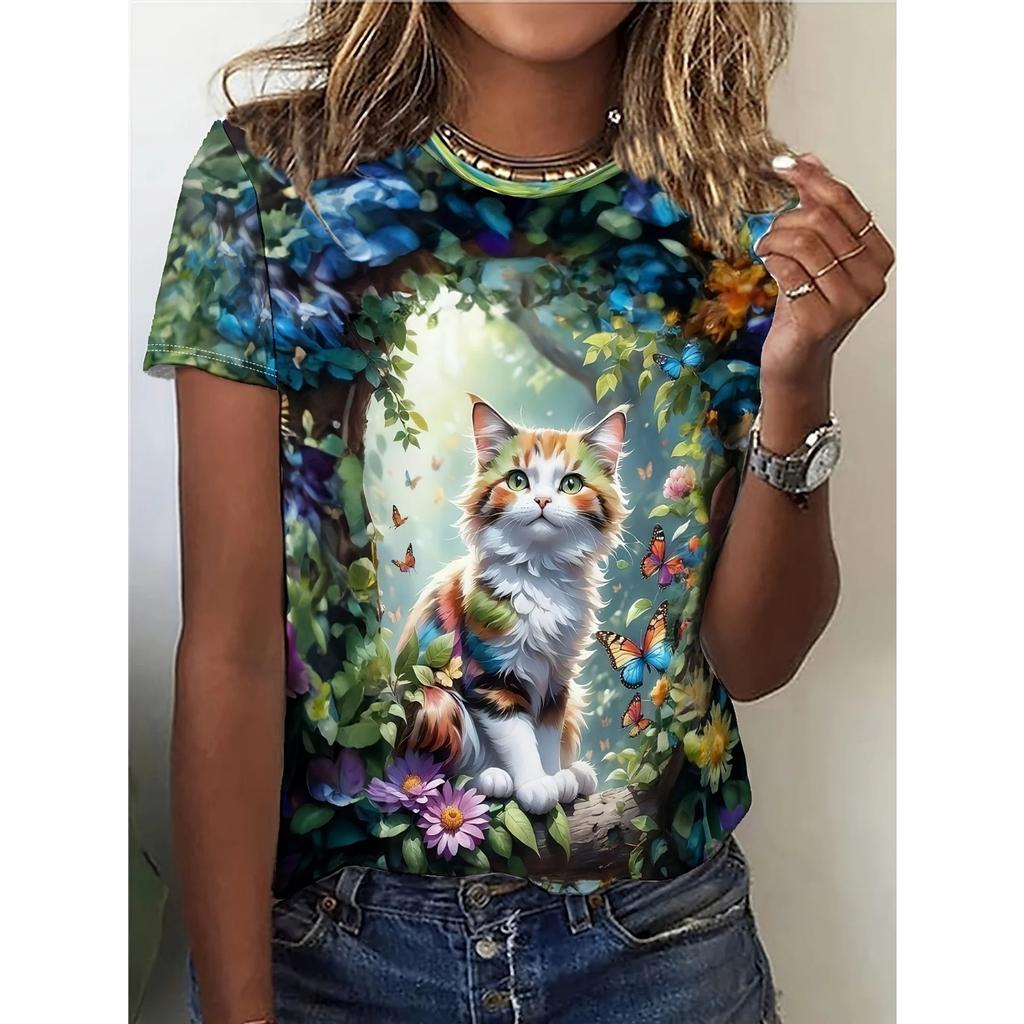 2025 Summer New Women's 3D Digital Printed T-shirt Creative Animal Pattern Round Neck Casual Short Sleeve Loose Fashion Top