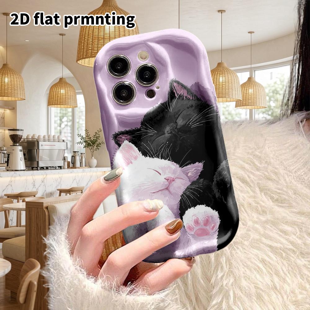 Phone Case: 2D flat design suitable for iPhone 18, 17, 16, 15, 14, 13 Pro film protective case, couple style, black and white kitten, Christmas and Ha