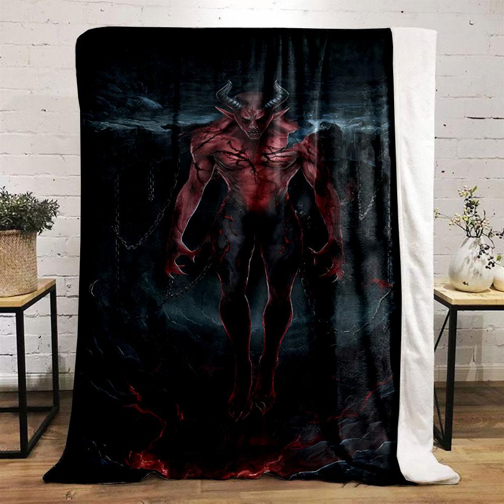 Dark demonic figure with horns, glowing cracks, chains, and fiery surroundings. for all seasons blanket lunch break throw gift