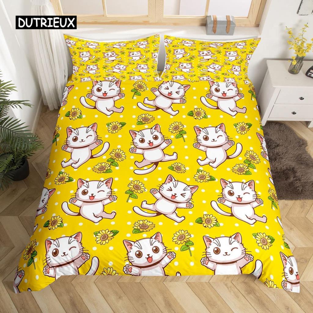 Cartoon Cat Duvet Cover Set for Kids Girl Microfiber Kitten 2/3pcs Cartoon Animal Bedding Set Single Twin Queen King Quilt Cover