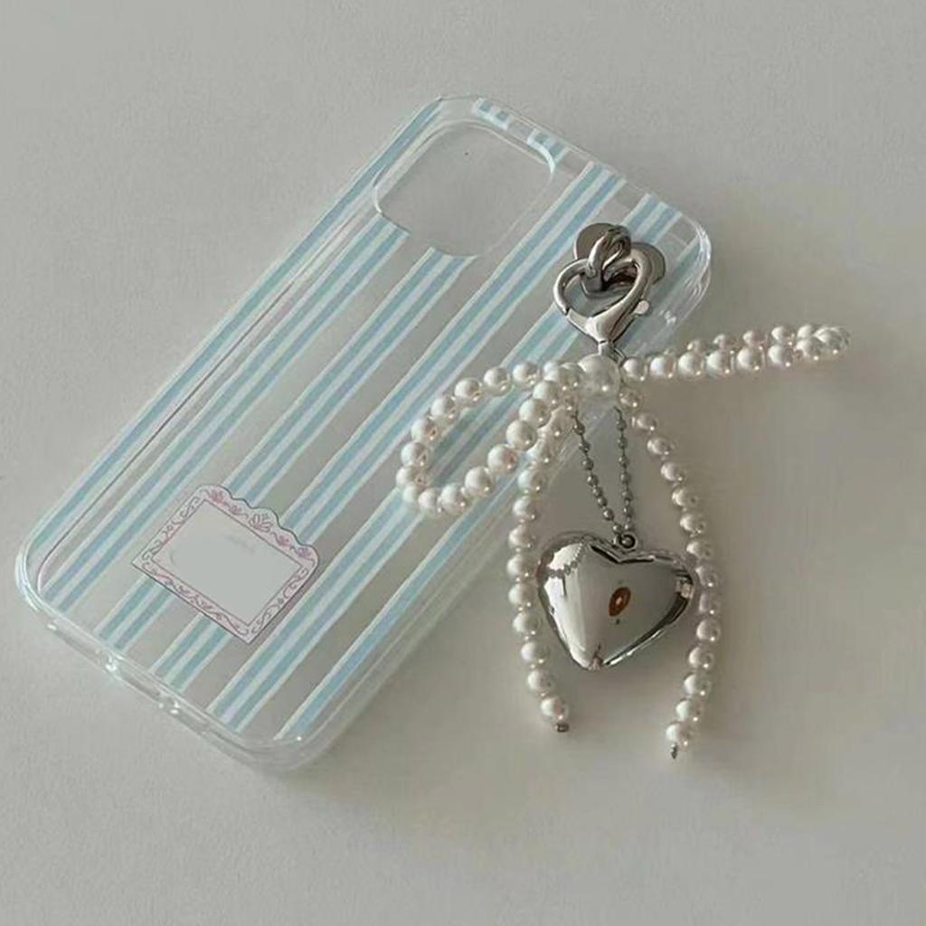 Pearls Beaded Phone Lanyard Bowknot Heart Pendant Keychain Stylish Phone Charm Keyring Bag Charm Accessory for Women