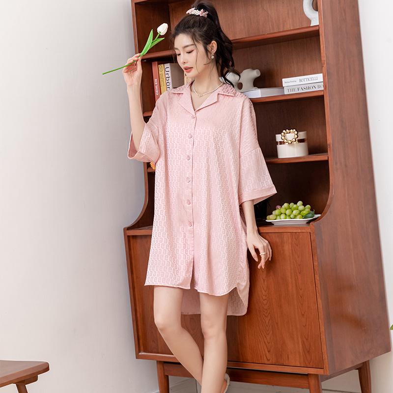 Ice Silk Jacquard Shirt Dress Nightdress: 2024 Spring/Autumn Collection