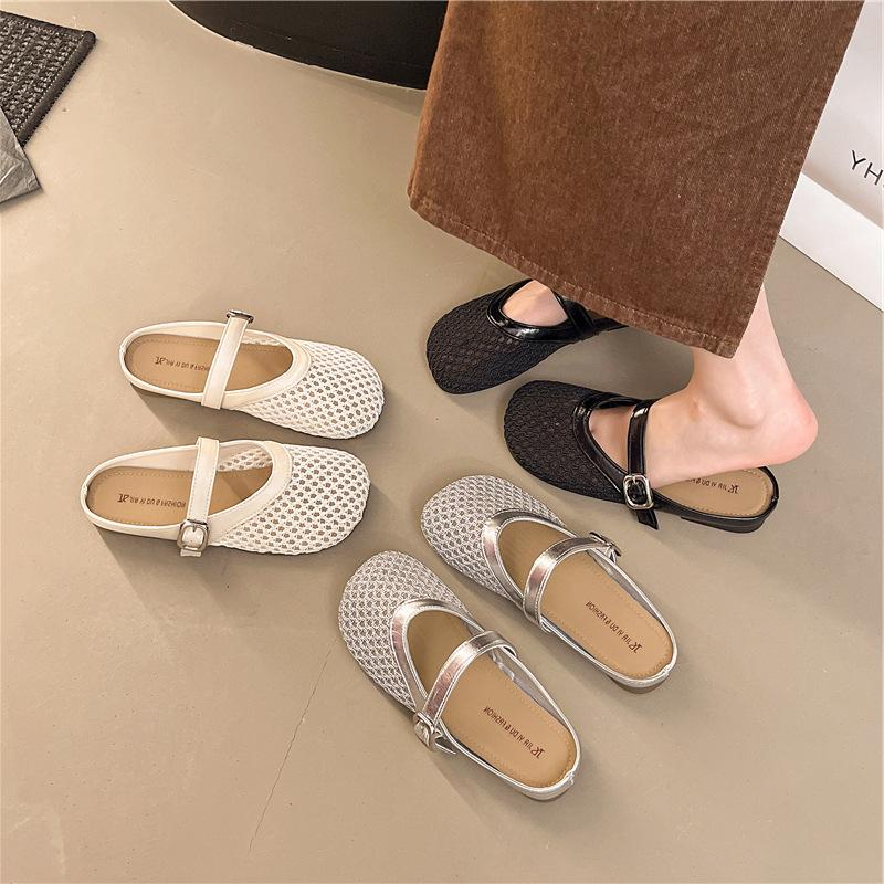 Baotou Half Slippers Women's Outer Wear 2025 New Summer Versatile Flat-bottomed Mesh Breathable Fairy Wind Soft Bottom Cool Slippers