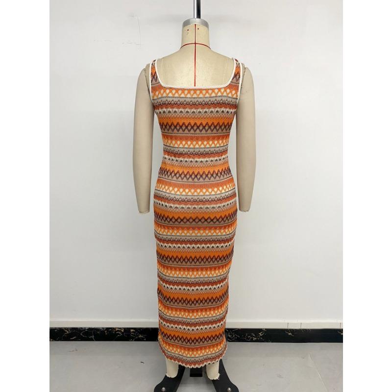 Женское праздничное повседневное платье-слип с разрезом, жаккардовое платье в геометрическую полоску