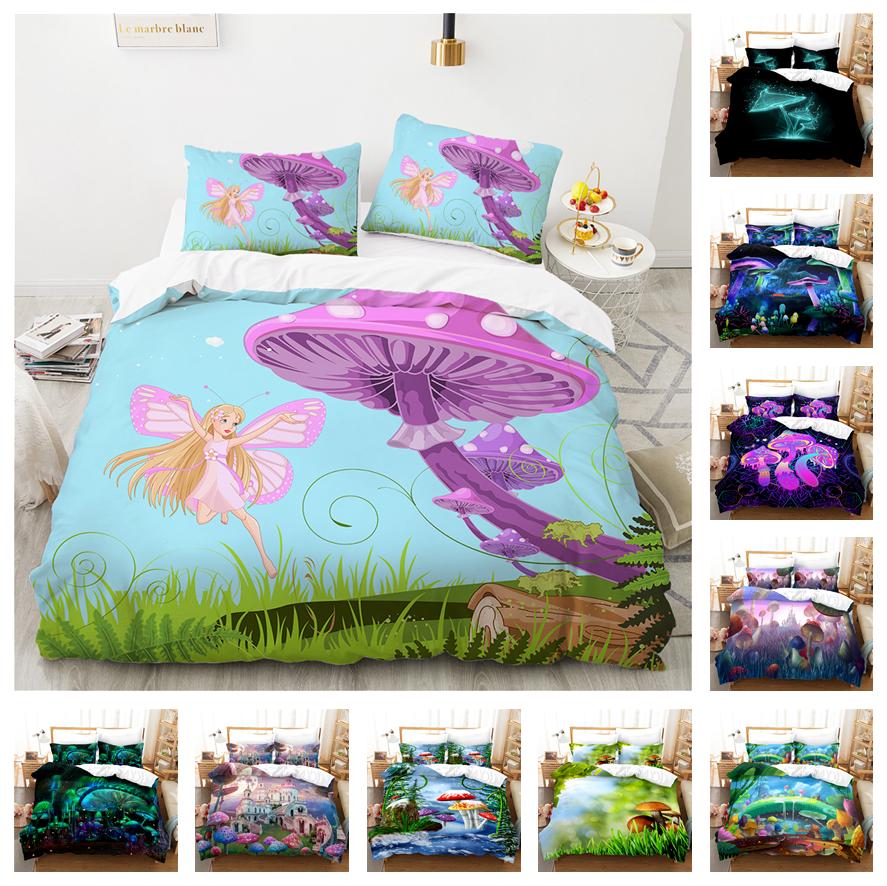Dreamy Elf World Bedding Set Magic Mushroom Quilt Cover Pillowcase 2/3pcs King Queen Bed Cover Single Double Bed Home Textile