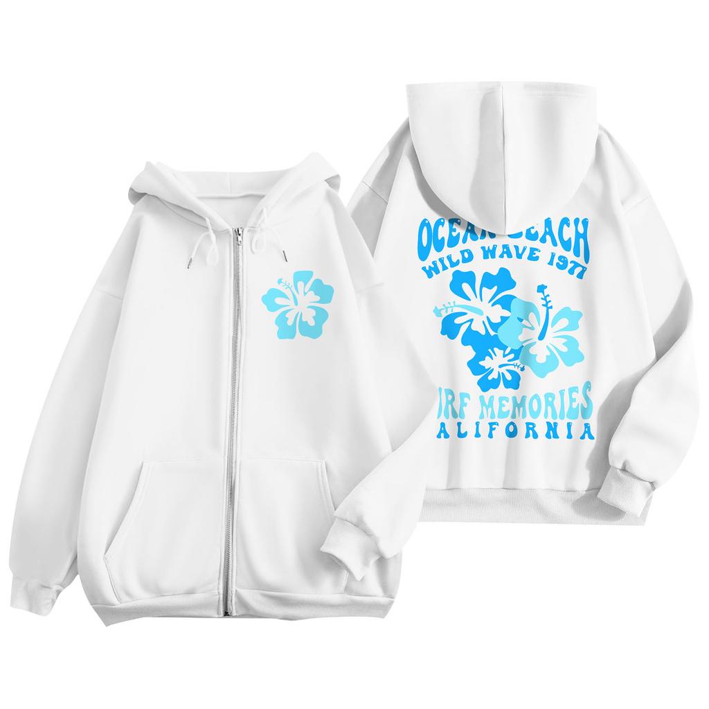 Women's Zip Up Hoodies Teen Girls  Flowers Printed Sweatshirt Clothing Casual Drawstring Jacket With Pockets