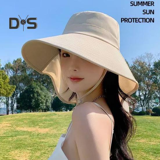 Women Sun Hat Large Brim Sun-Blocking Design Breathable UV Protection Hat Solid Color Adjustable Drawstring Outdoor Tea Hat