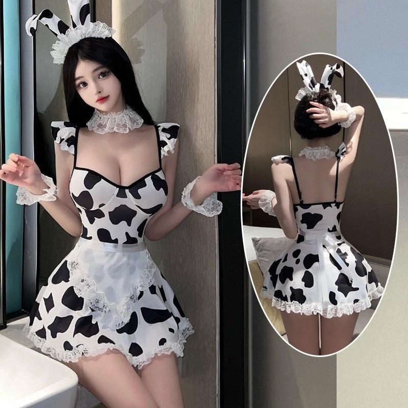 Оригинальный дизайн Женский милый коровушка комплект нижнего белья и пижамы - Полиэстер, шнуровка, сексуальный и игривый стиль коровьей униформы