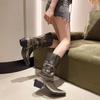 Women'S Retro Cowboy Mid Calf Boots Cowboy Square Heels Pointed Toe Platform Women Chunky Heels Western Pointed Toe Metal Botas
