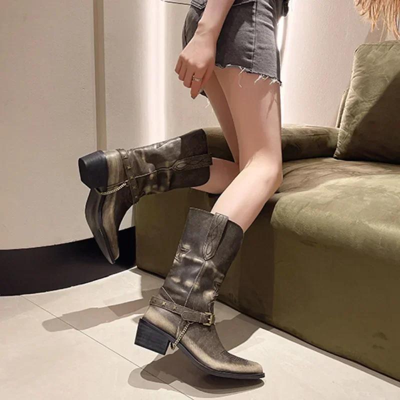 Women'S Retro Cowboy Mid Calf Boots Cowboy Square Heels Pointed Toe Platform Women Chunky Heels Western Pointed Toe Metal Botas