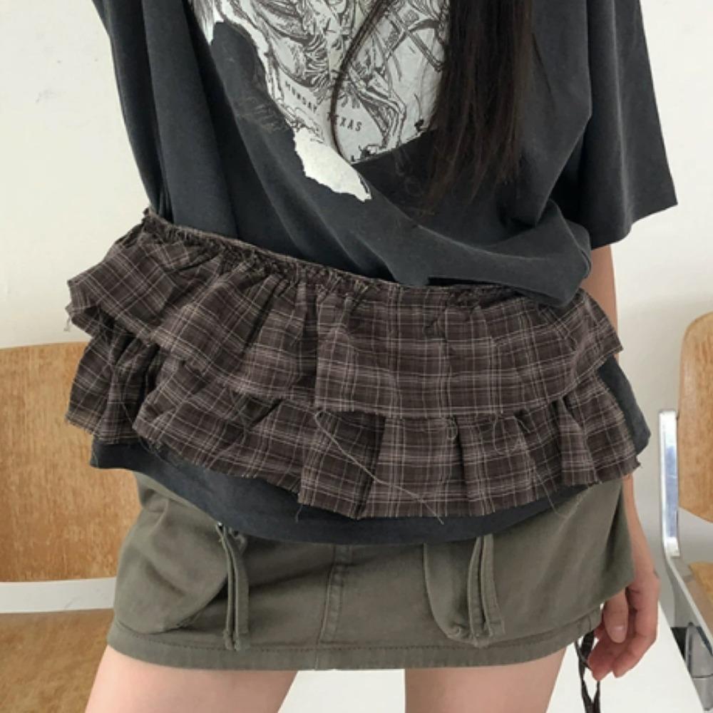 Hip-hop Layer Outfits Plaid Skirt Shirt Extender Ruffled Edge Waistband Jeans Decor