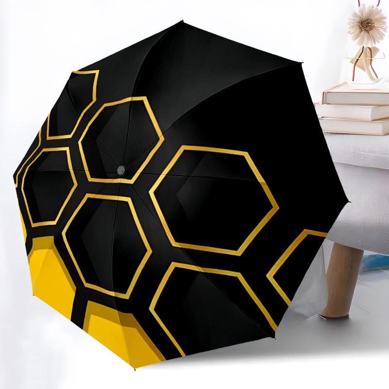1PC Hexagon Honeycomb Pattern Automatic Windproof Umbrella 8 Rib Portable Folding Black Iron Frame for Outdoor, Beach, Travel, Beach Umbrella S04