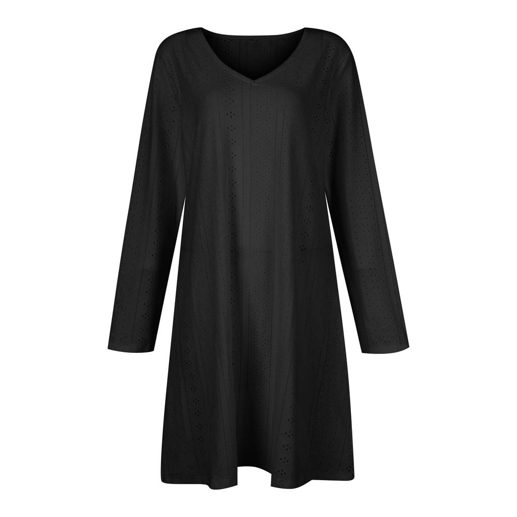 Женское модное повседневное платье с длинными рукавами и V-образным вырезом, однотонное