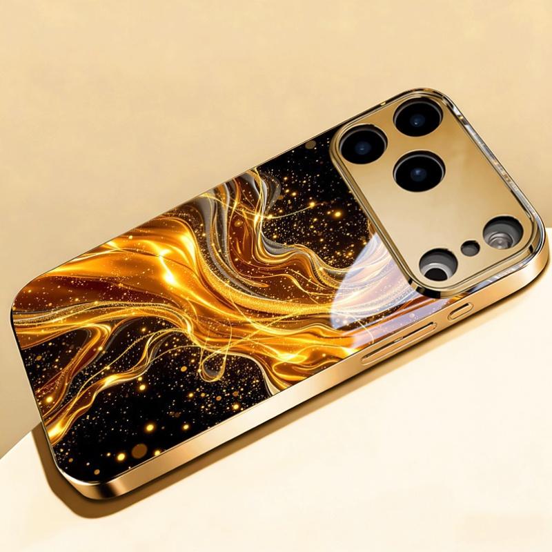 Премиальный стеклянный чехол с гальваническим покрытием для iPhone 17, 16, 15, 14, 13, 12, 11pm Pro Plus. Дизайн с золотой звездой и луной.