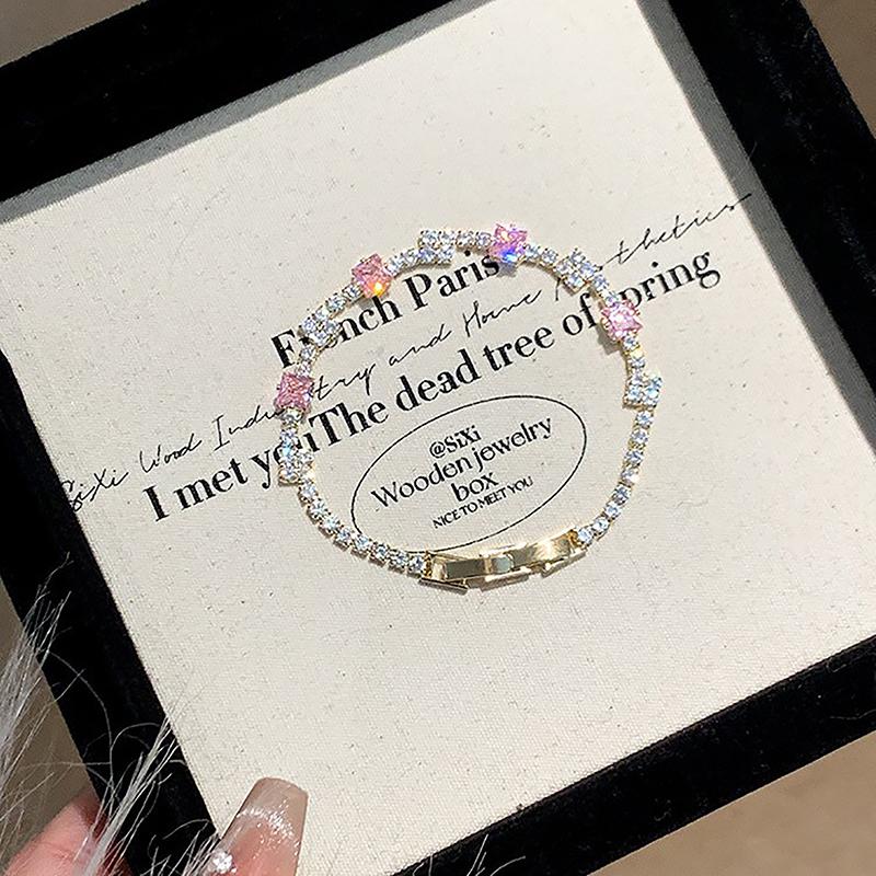 Легкий роскошный розовый браслет из циркония для женщин и девочек, изысканный блестящий браслет, ювелирные изделия, аксессуары, подарки