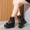 Comemore Summer Buckle Platform Sandals Women Cool Boots 10cm Wedges High Heel Height Increasing Peep Toe Lace Breathable Shoes