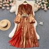 European and American Dresses High-end Temperament V-neck Waist Thin and Light Mature Style Large-swing Long Dress Women