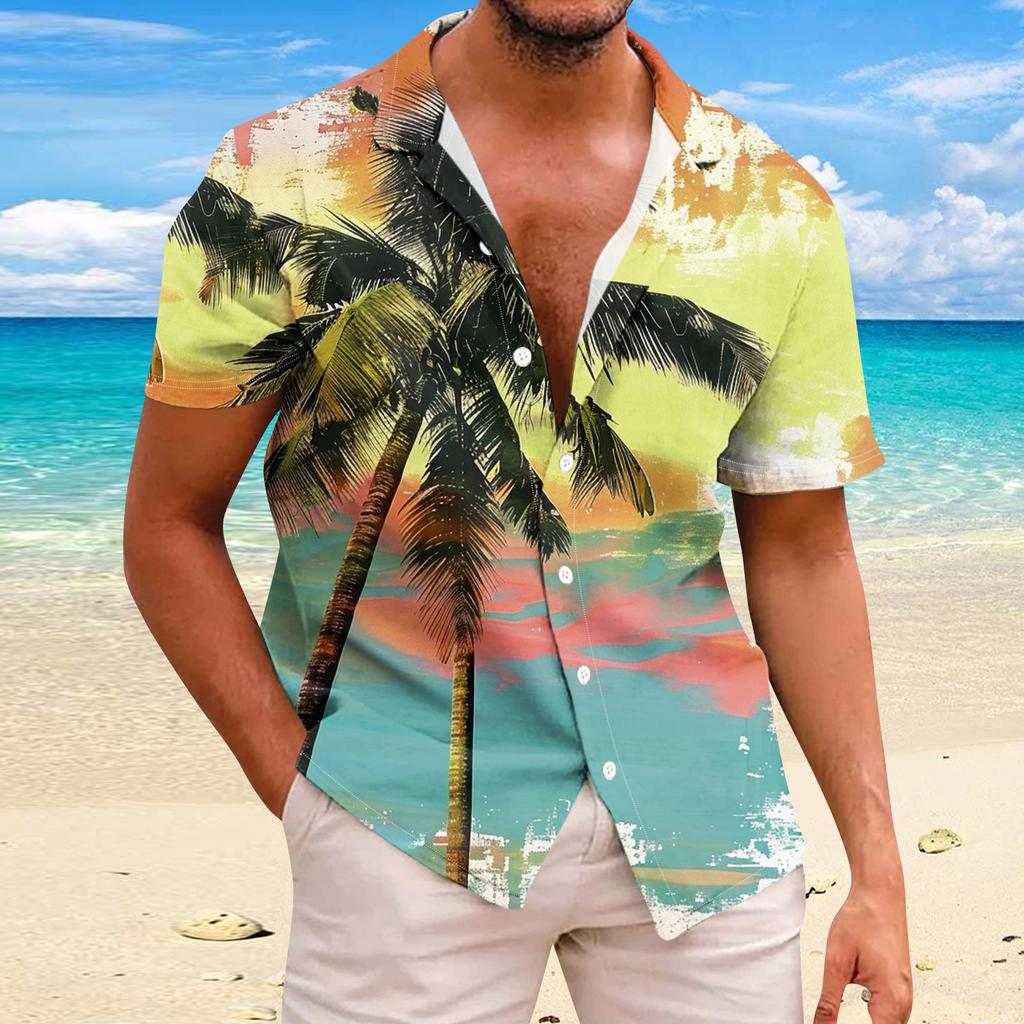 Рубашка для мужчин, повседневная мода, летняя футболка с коротким рукавом и пуговицами, топ с принтом