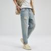 New American Retro Micro-cone Ripped Jeans for Men's Trendy Loose Straight Cutout Pants