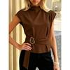 High Neck Sleeveless Metal Buckle Belt Waist Cinching Slim Fit Commuter Blouse