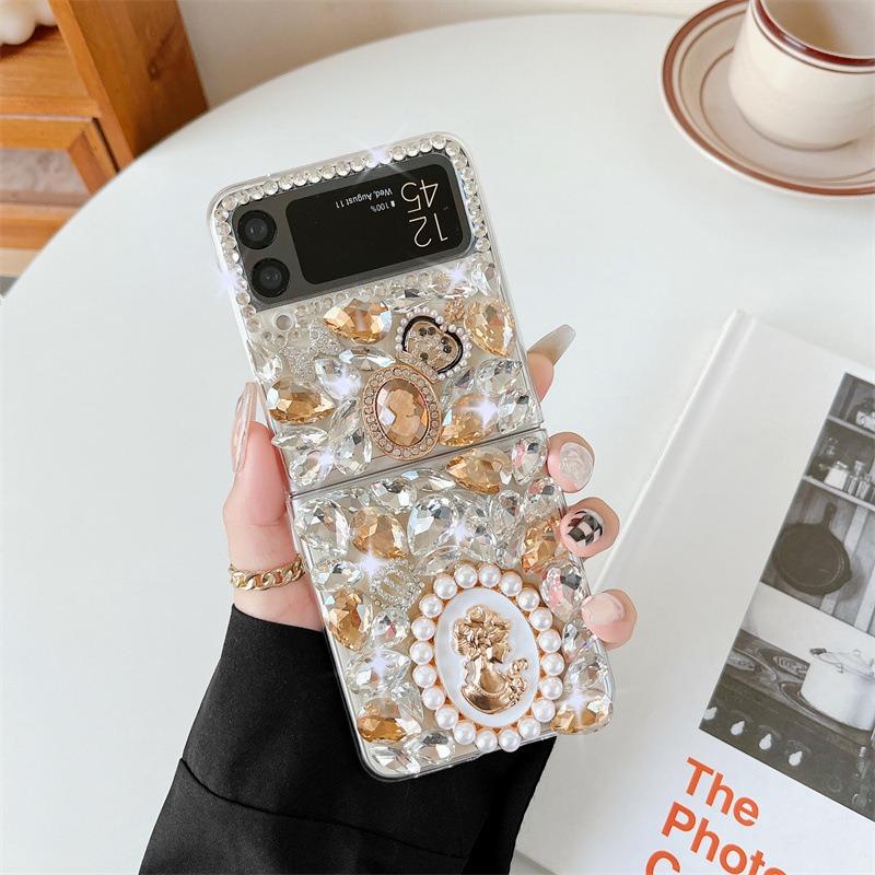 Retro Pearl Queen Portrait Phone Case For Samsung Galaxy Z Flip 6 5 4 3 Colorful Diamond Rhinestone Crystal Crown Clear PC Cover