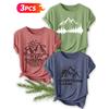 Three-piece set Mountain scenery text print pattern short-sleeve vintage round neck T Fresh and natural style loose-fitting shirt 2026 Elegant spring