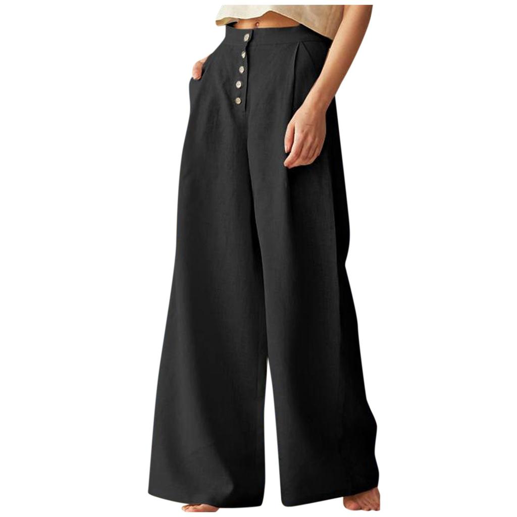 Женские модные однотонные повседневные брюки с высокой талией и пуговицами из хлопка и льна с широкими штанинами