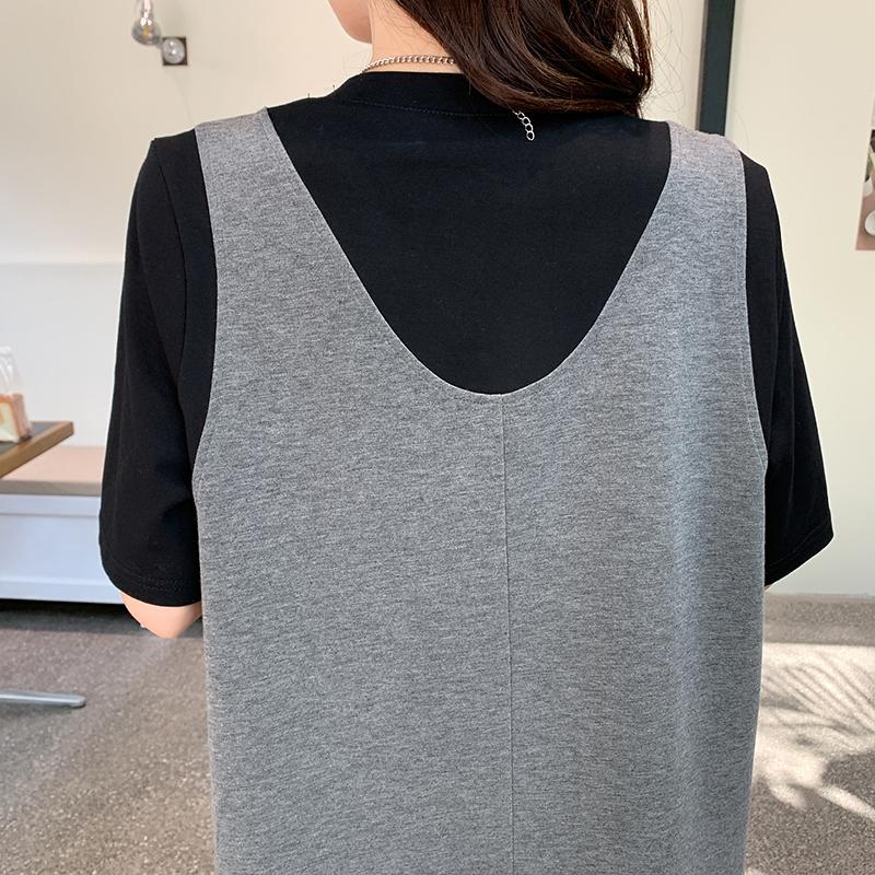 Dimanaf 2023 Plus Size Summer T-Shirt Dress Women Cotton Loose Dress O-Neck Vintage Fake Two-Piece Dress Short Sleeves Loose Casual Female Dresses