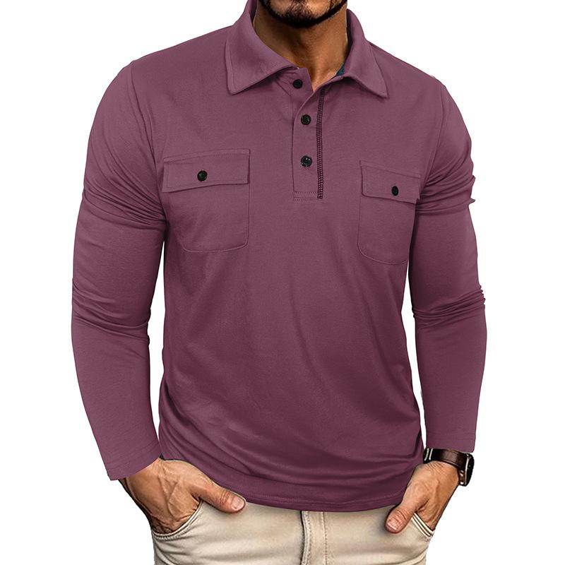 Men's Long Sleeve Polo Shirt with Button-Down Collar and Chest Pockets, Multiple Colors